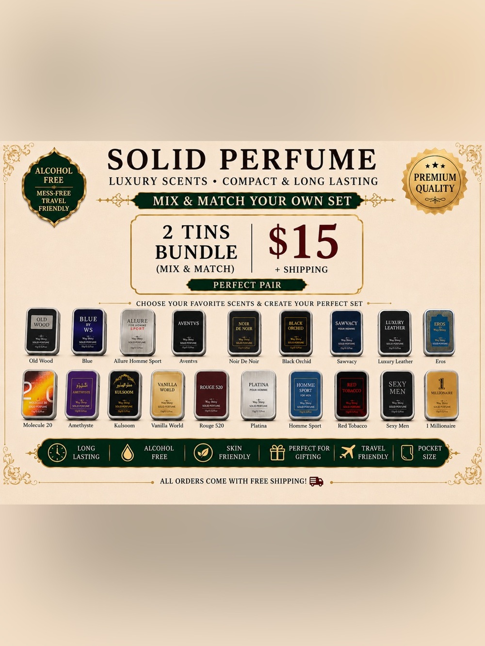 Bundle of 2 Alcohol-Free Solid Perfume Tins (15g) • Mix & Match • Choose 2